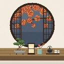 和室の丸窓。格子の向こうに紅葉、縁側には松の盆栽・行灯・椿の生け花・鉄瓶の茶席