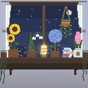 夜の窓辺。月と星、灯りのともる街
