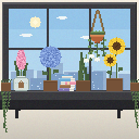 配置パターン2。同じ植物を並べ替えた出窓