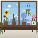 ドット絵の出窓ウィジェット。カウンターに並んだ植物たちと、窓の外の青空と街